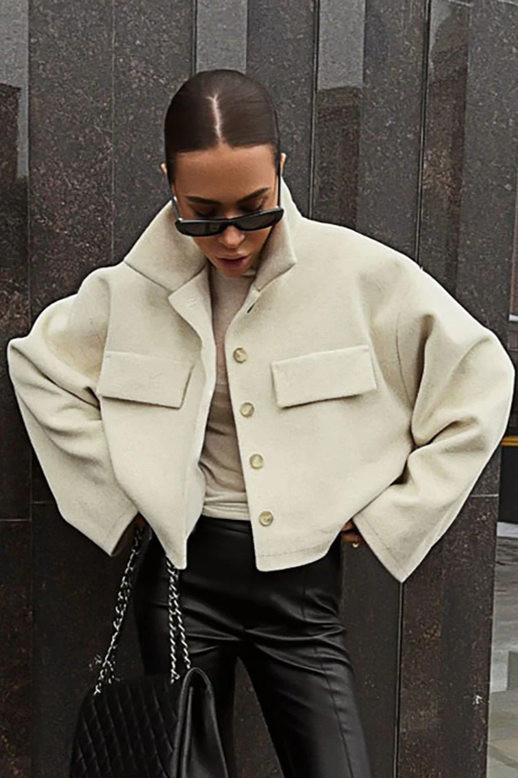 Woolen Cropped Loose Fit Jacket - Image 2