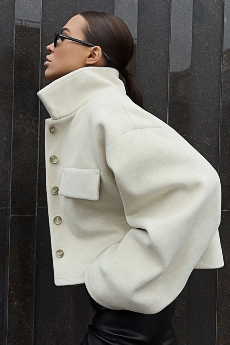 Woolen Cropped Loose Fit Jacket - Image 3