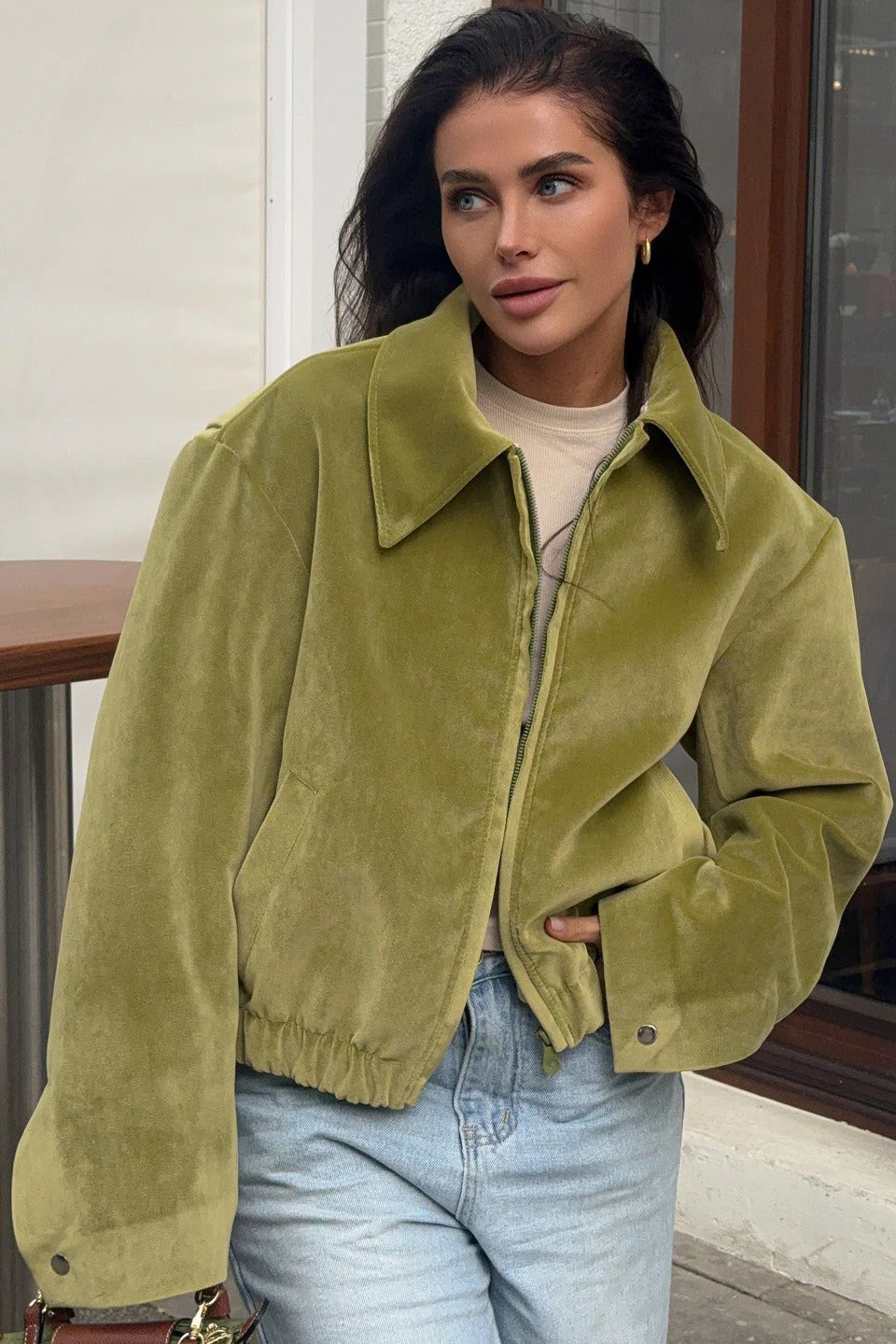 Solid Velour Collared Jacket - Image 2