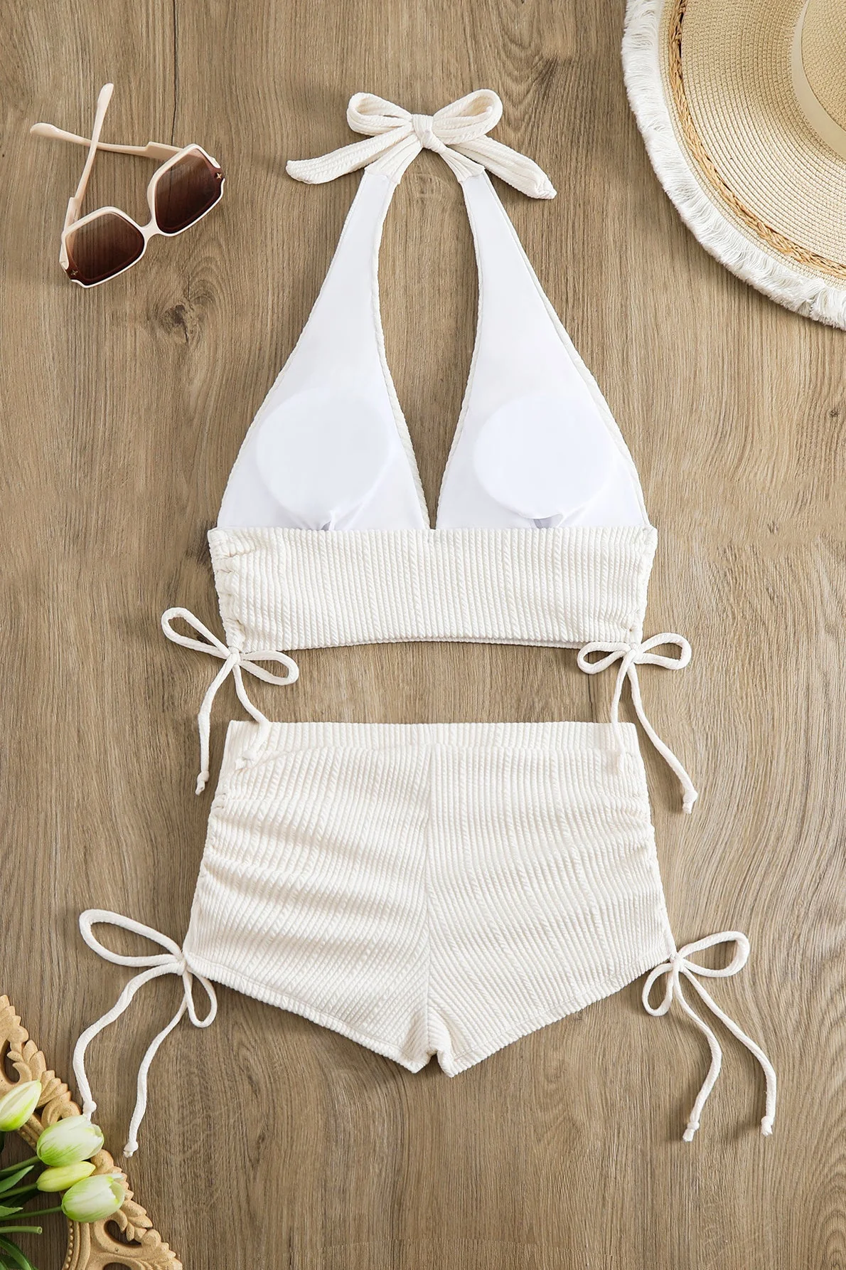 Solid Color High Waist Drawstring Bikini Two Piece Swim Set - Image 2