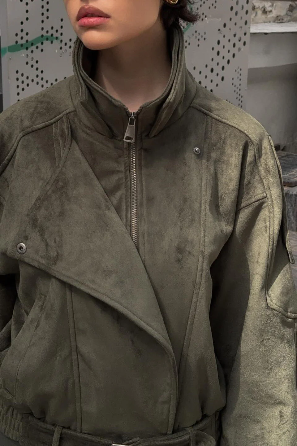 Stand Collar Suede Oversized Jacket - Image 4