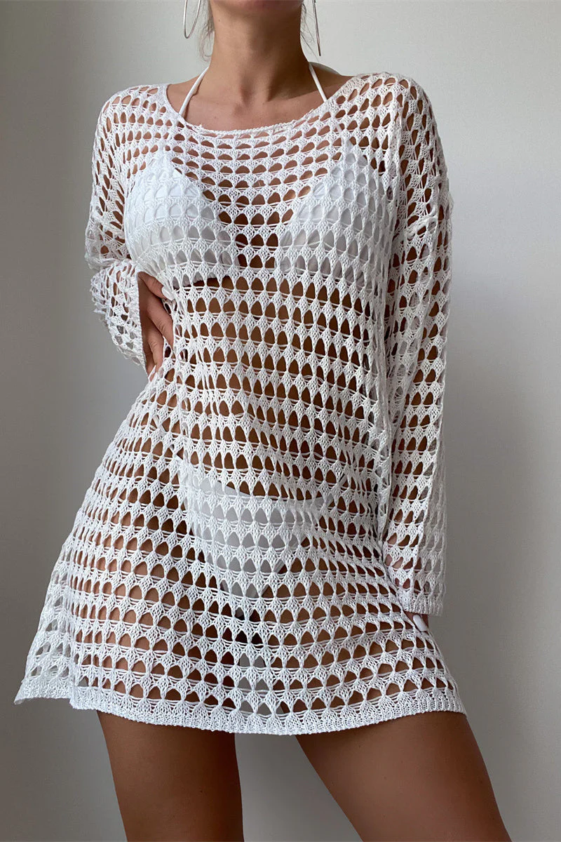 Hollow Knit Long Sleeve Bikini Cover Up - Image 2