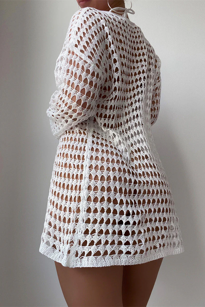 Hollow Knit Long Sleeve Bikini Cover Up - Image 4