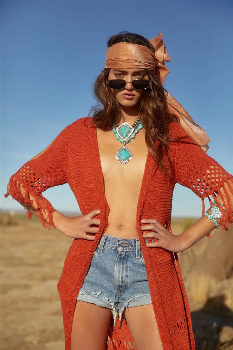 Hollow Knit Fringe Maxi Cover Up - Image 13
