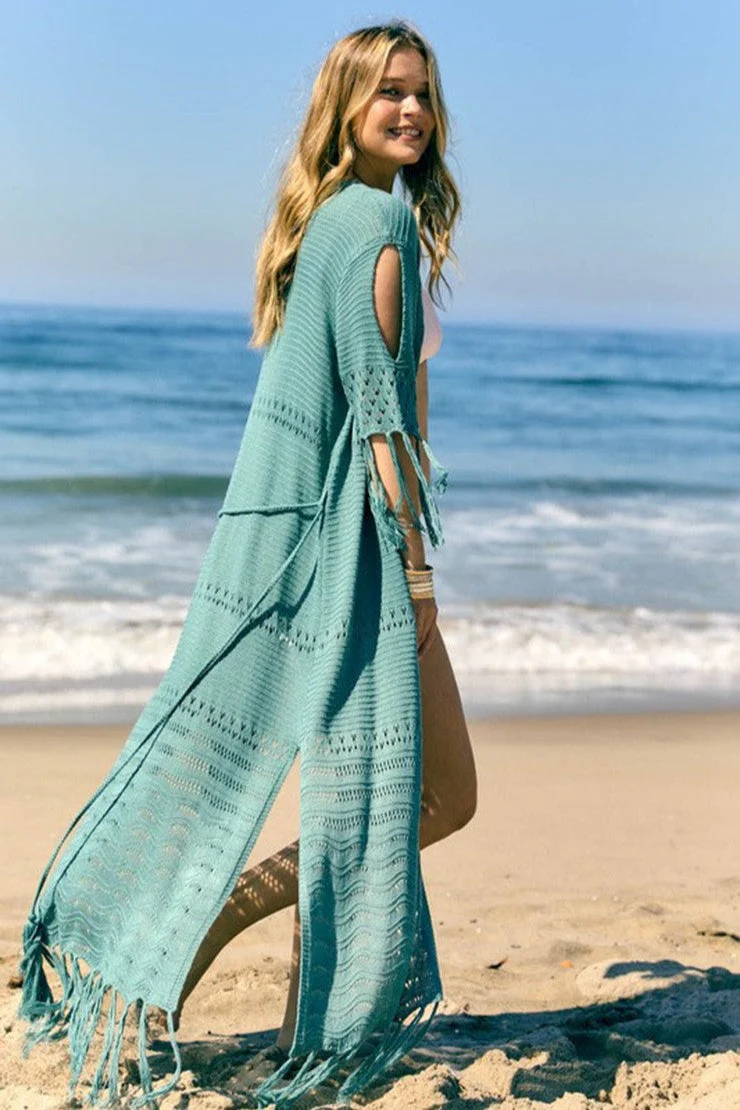 Hollow Knit Fringe Maxi Cover Up - Image 3