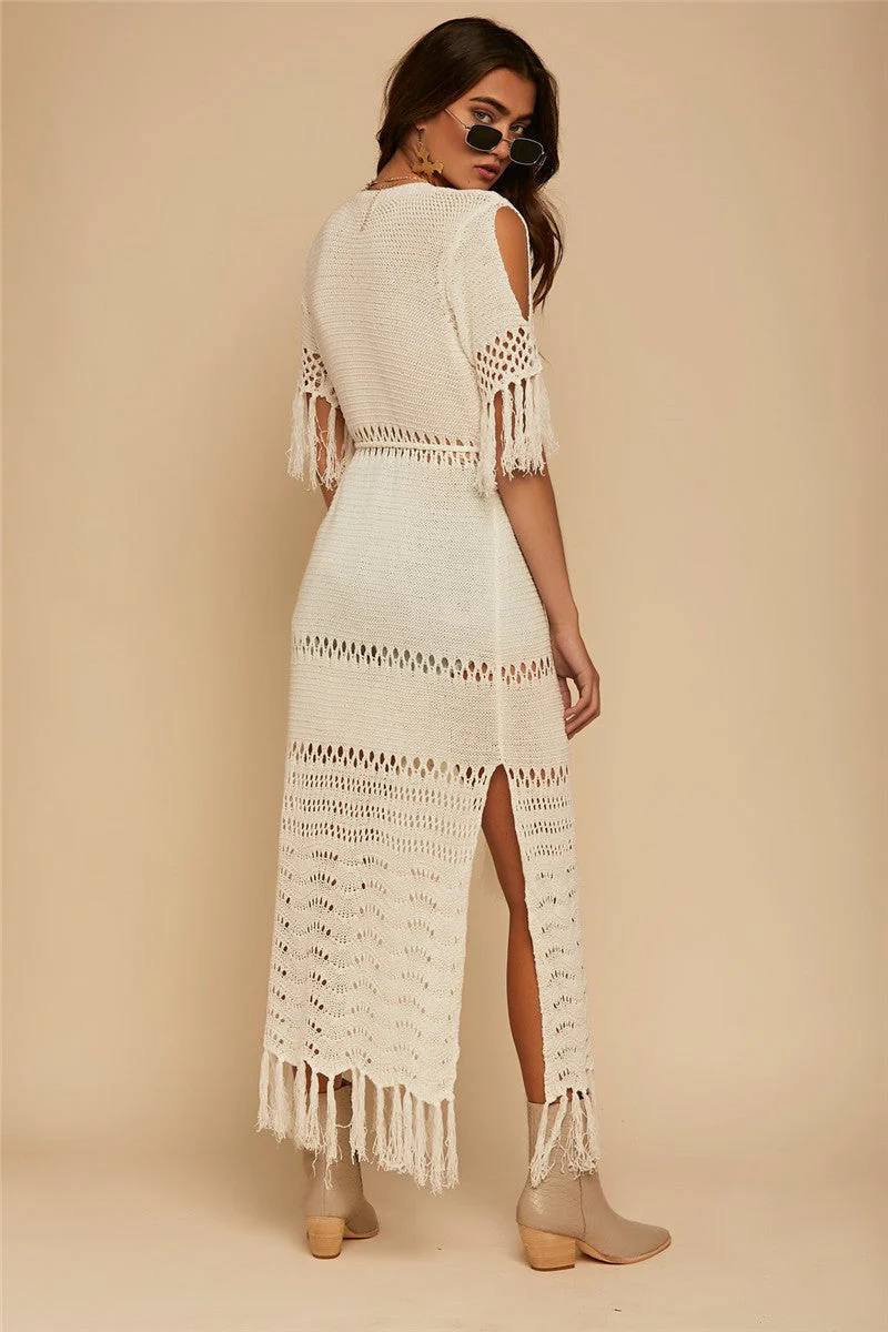 Hollow Knit Fringe Maxi Cover Up - Image 8