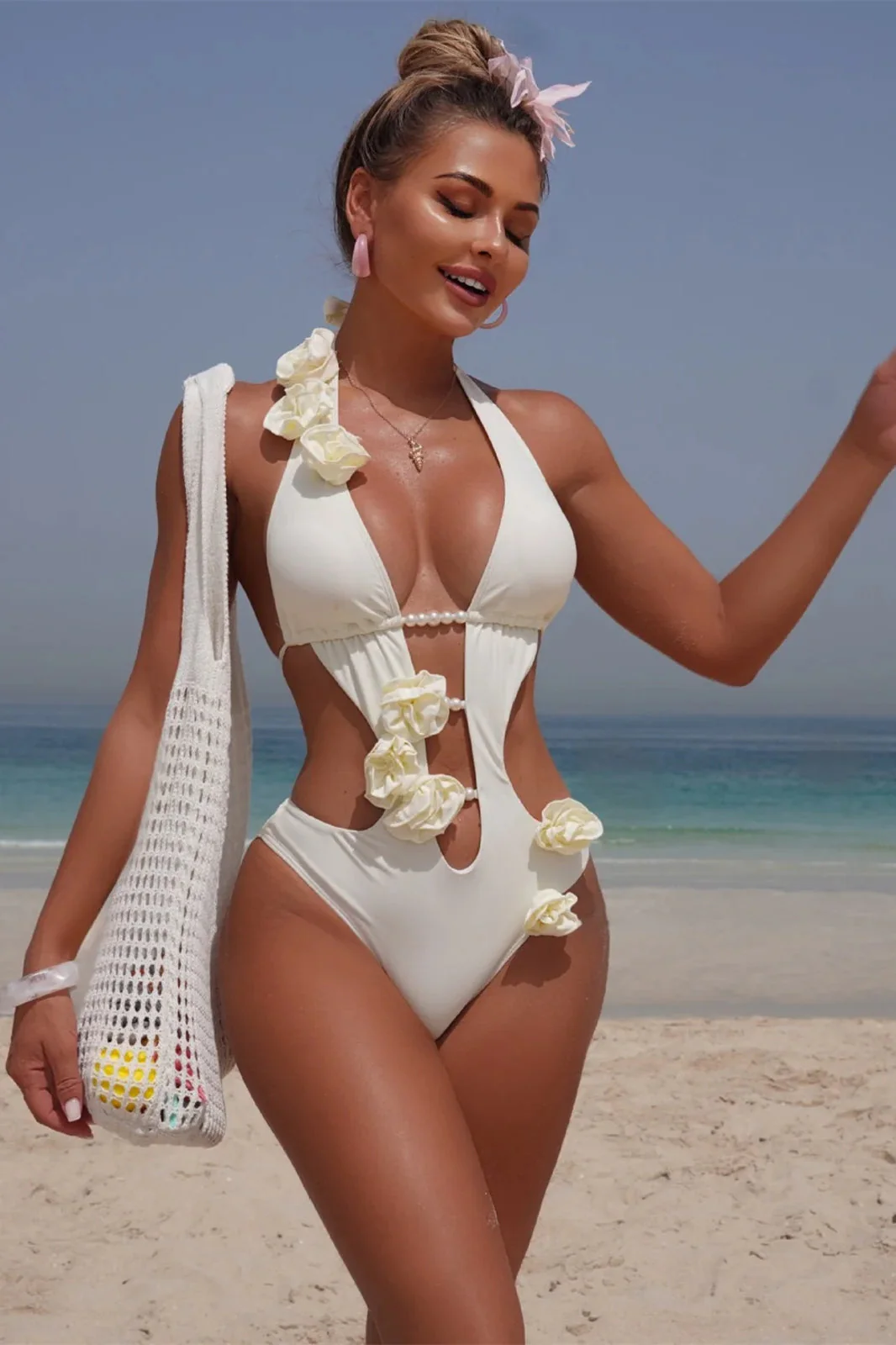 Pearl Detail One-Piece Bikini Set - Image 4