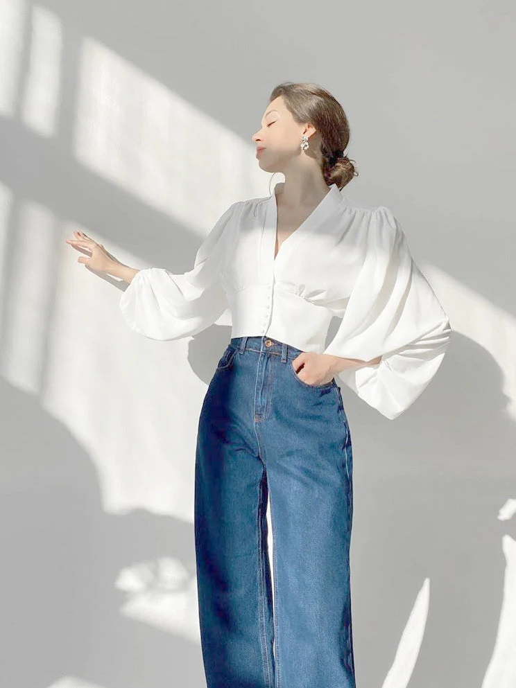Vintage Lantern Sleeve V-Neck Slim Fit Blouse - Image 5