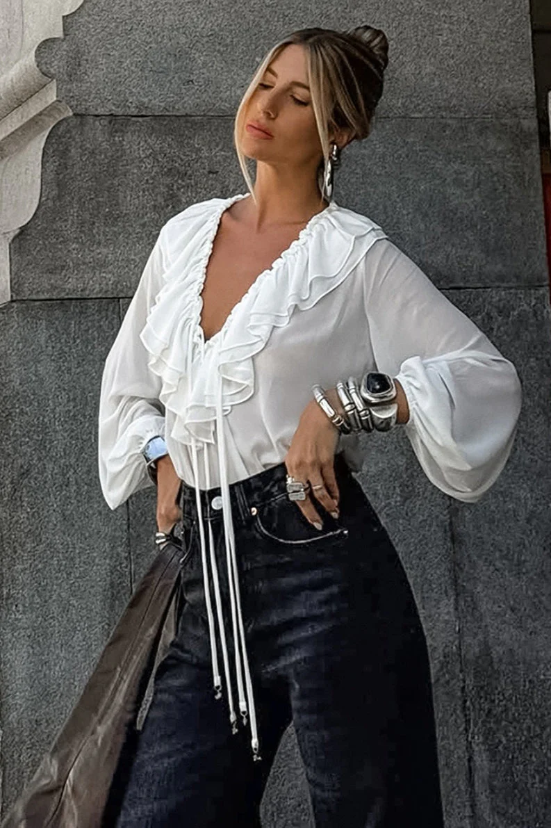 Vintage Ruffle Tie V-Neck Lantern Sleeve Blouse - Image 2