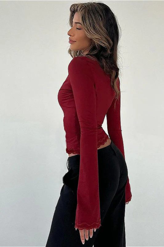 Vintage Lace Trim V-Neck Slim Fit Long Sleeve Blouse - Image 2