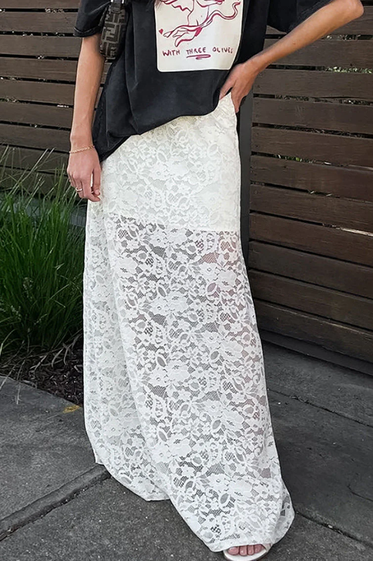 White Lace Sheer High Waist A-Line Skirt - Image 2