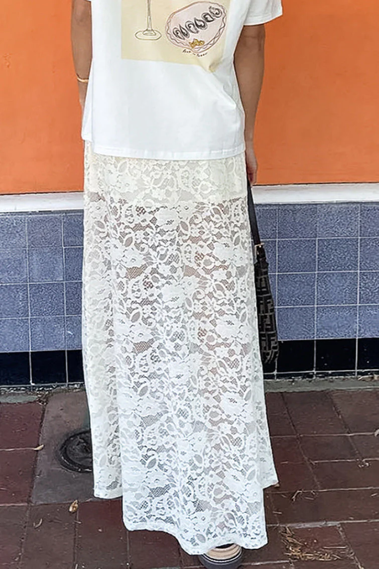 White Lace Sheer High Waist A-Line Skirt - Image 3