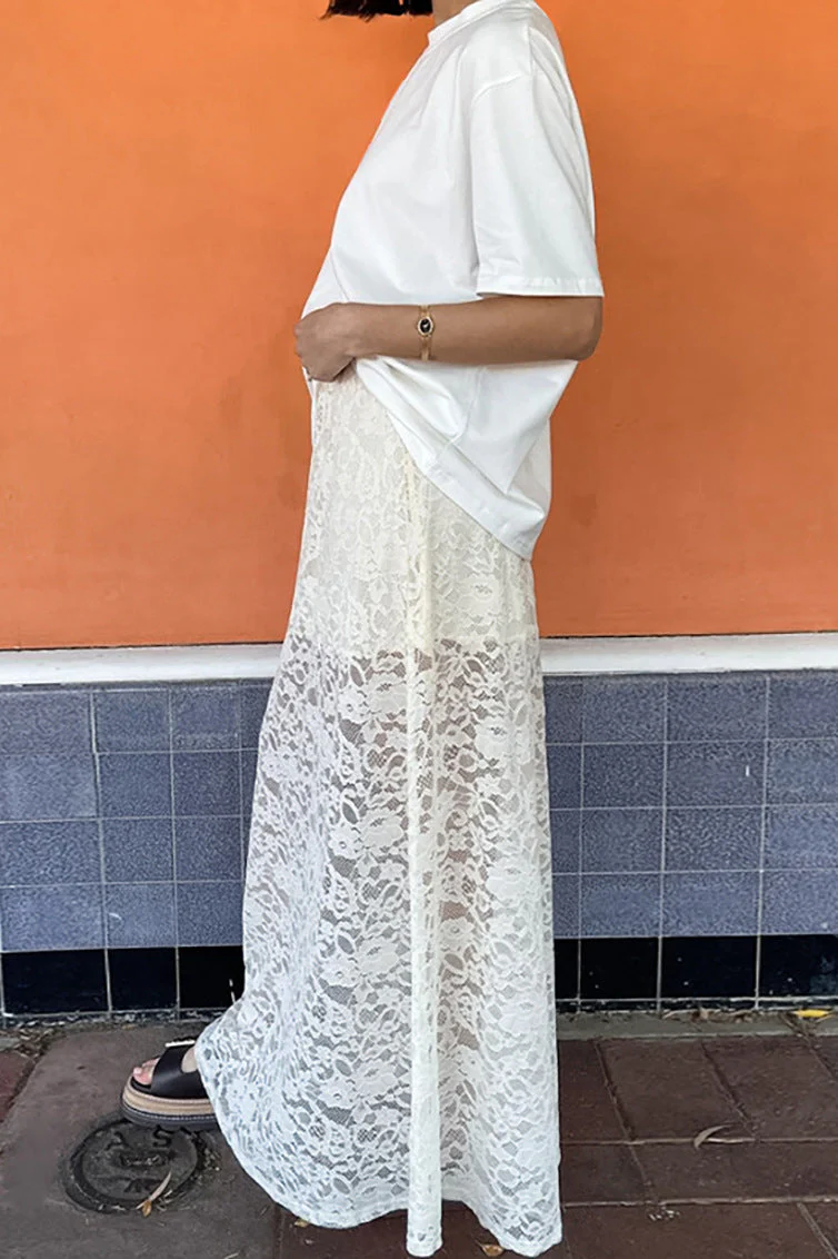 White Lace Sheer High Waist A-Line Skirt - Image 4