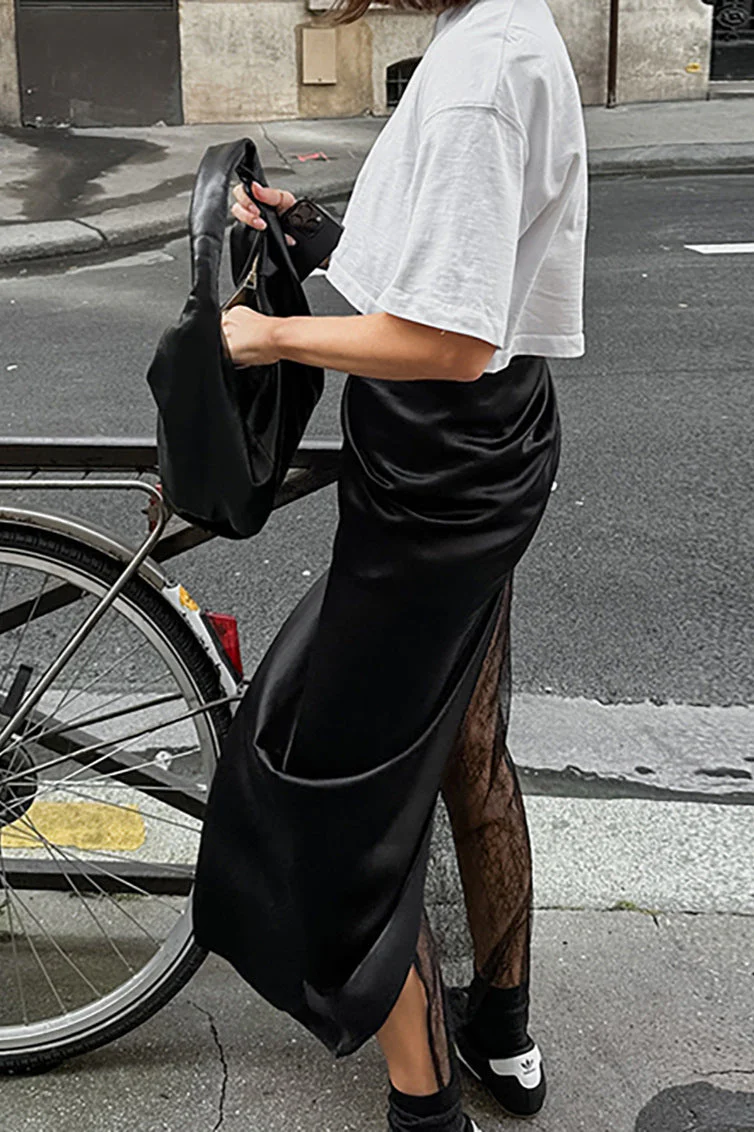 Lace Appliqué Asymmetrical Maxi Skirt - Image 3