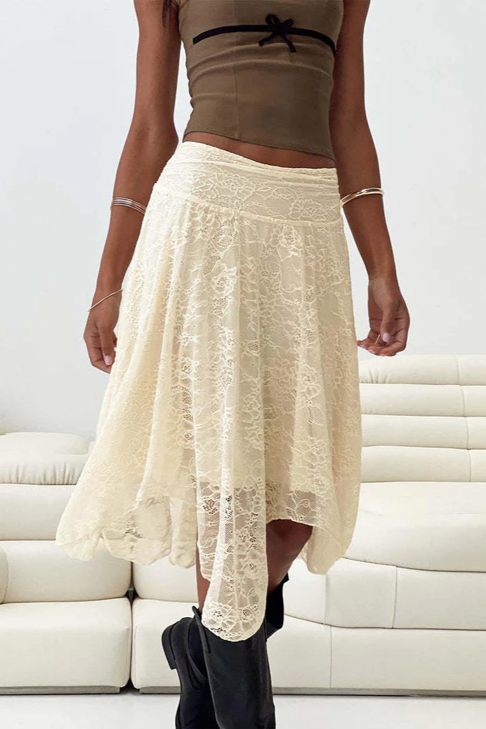 Lace Midi Skirt with Asymmetrical Hem Skirt - Image 5