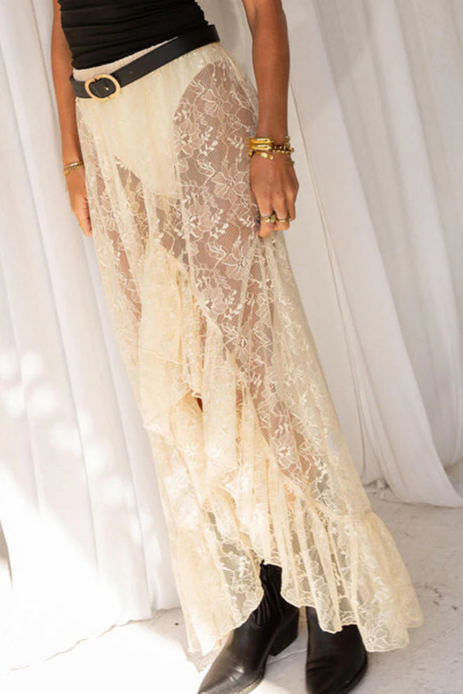 Sheer Lace Asymmetrical Ruffle Skirt - Image 2