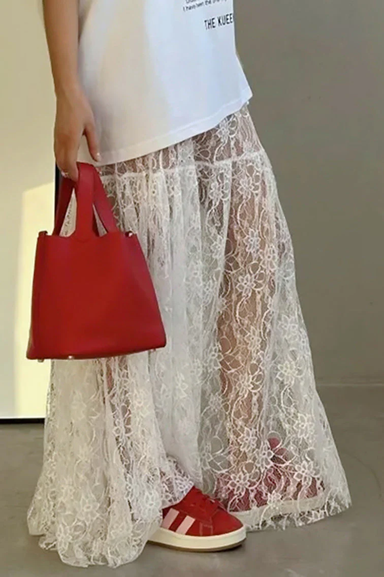 Floral Lace Sheer High-Waist A-Line Skirt - Image 3