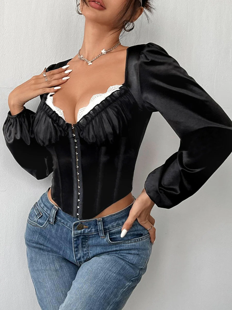 Vintage Lace and Mesh Corset Long Sleeve Blouse - Image 3