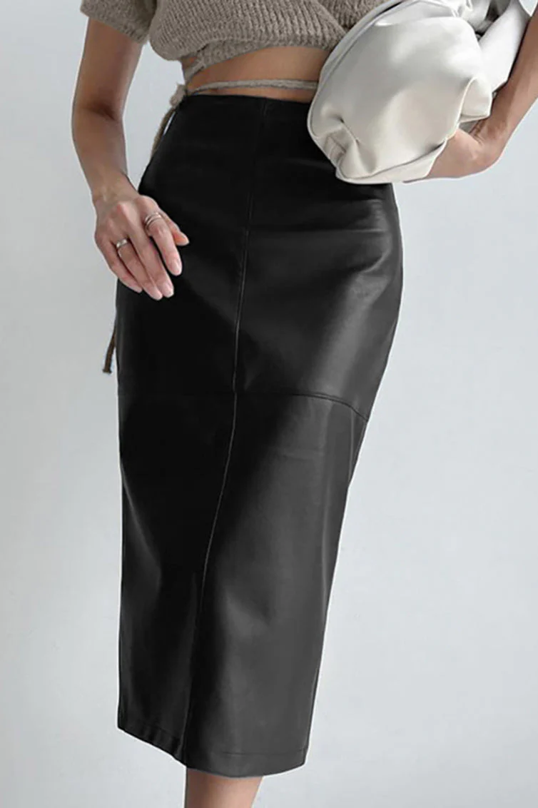 PU Leather High-Waisted Slit Midi Skirt - Image 4