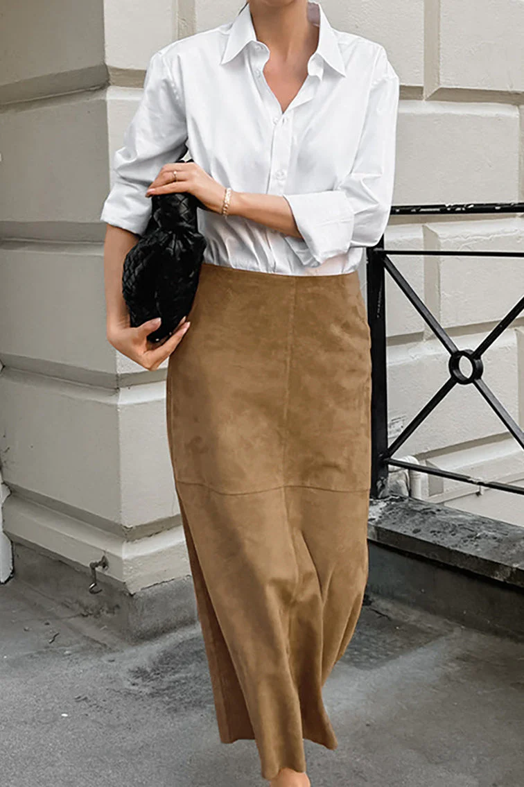 French Minimalist High-Waisted Solid Color Midi Skirt - Image 2