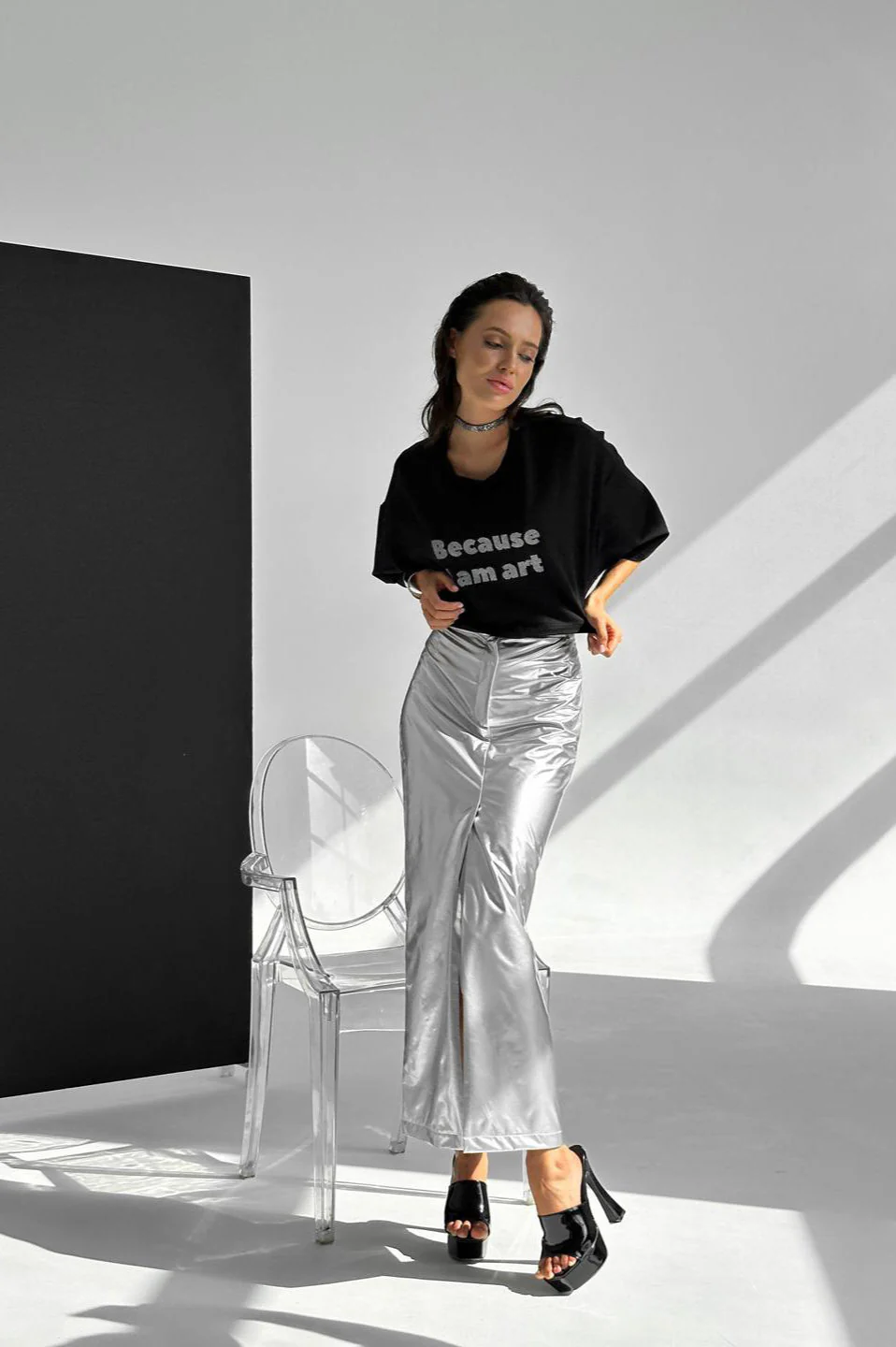 Silver High-Waisted Slit Bodycon Skirt - Image 2