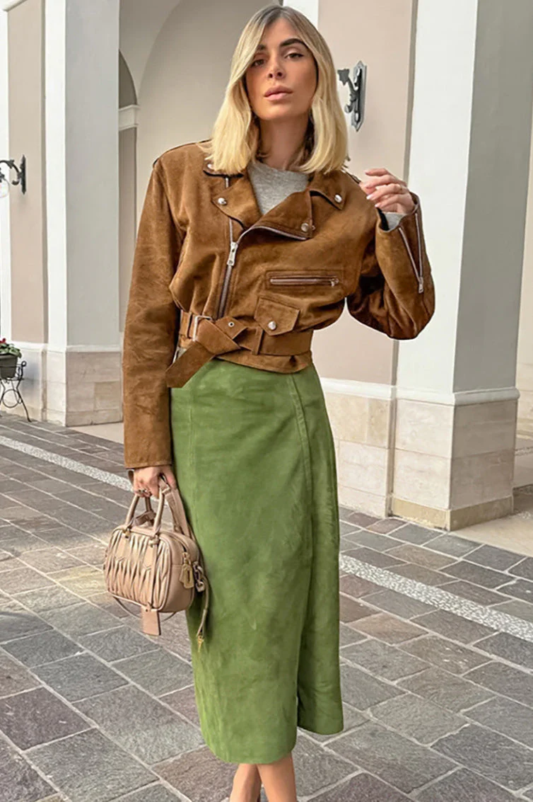 Velvet Green High-Waisted Slit Midi Skirt - Image 2