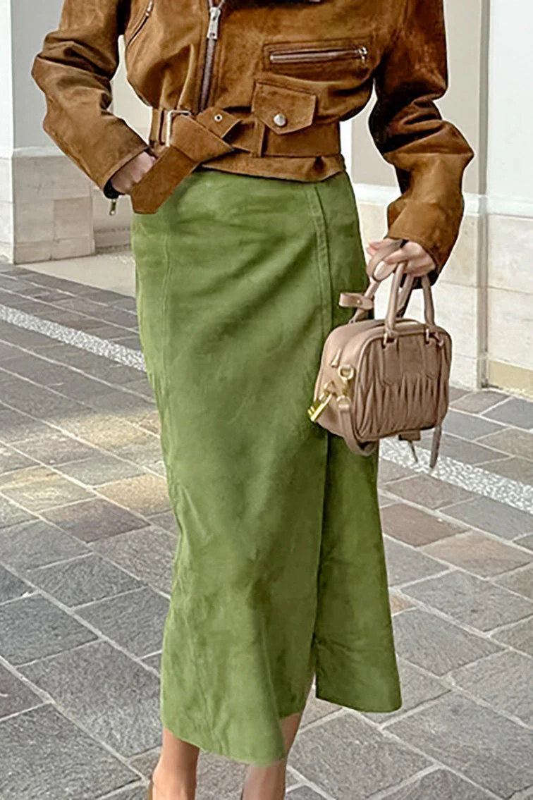 Velvet Green High-Waisted Slit Midi Skirt - Image 5