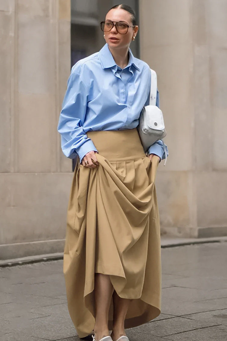 Vintage Solid Color Pleated Midi Skirt - Image 3