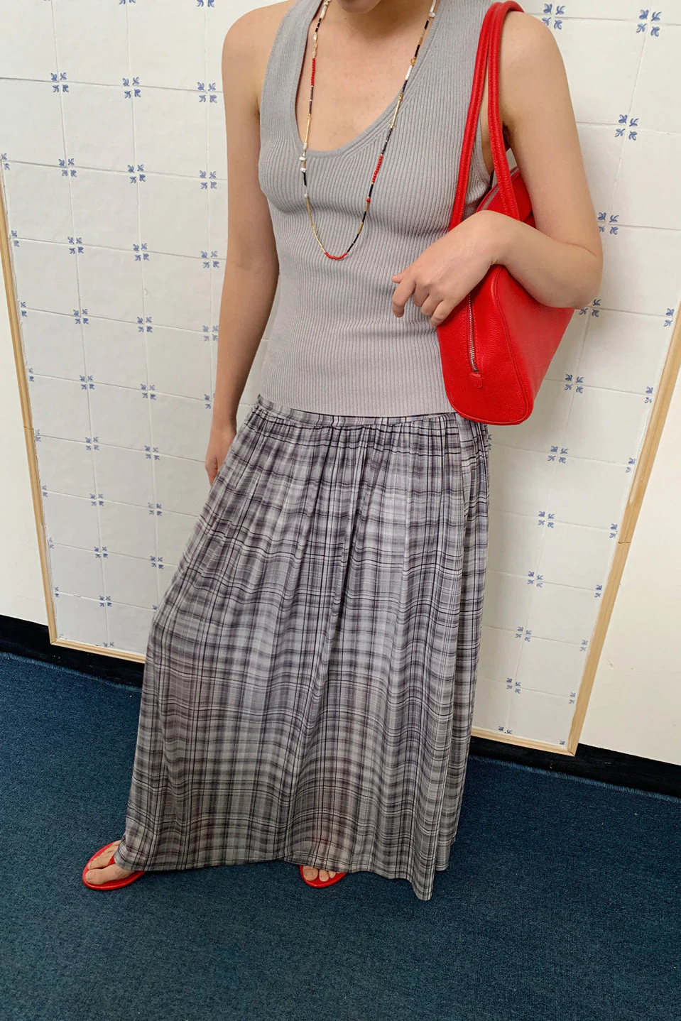 High-Waisted A-Line Mesh Plaid Maxi Skirt - Image 3