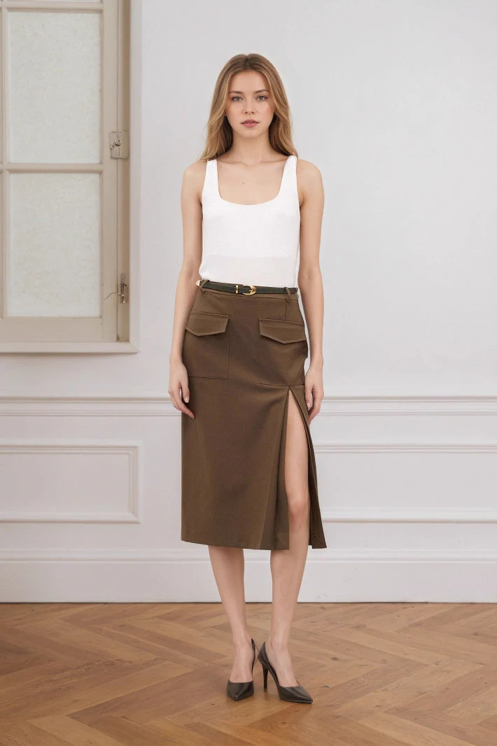 High Waist Split A-Line Midi Skirt - Image 2