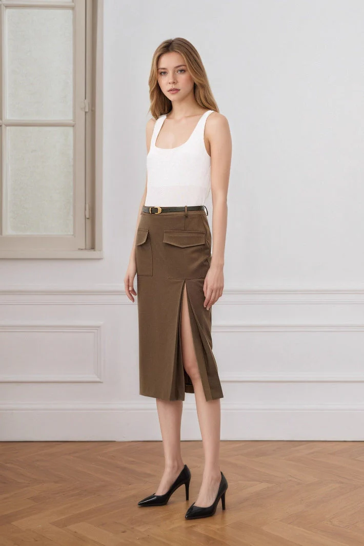High Waist Split A-Line Midi Skirt - Image 3