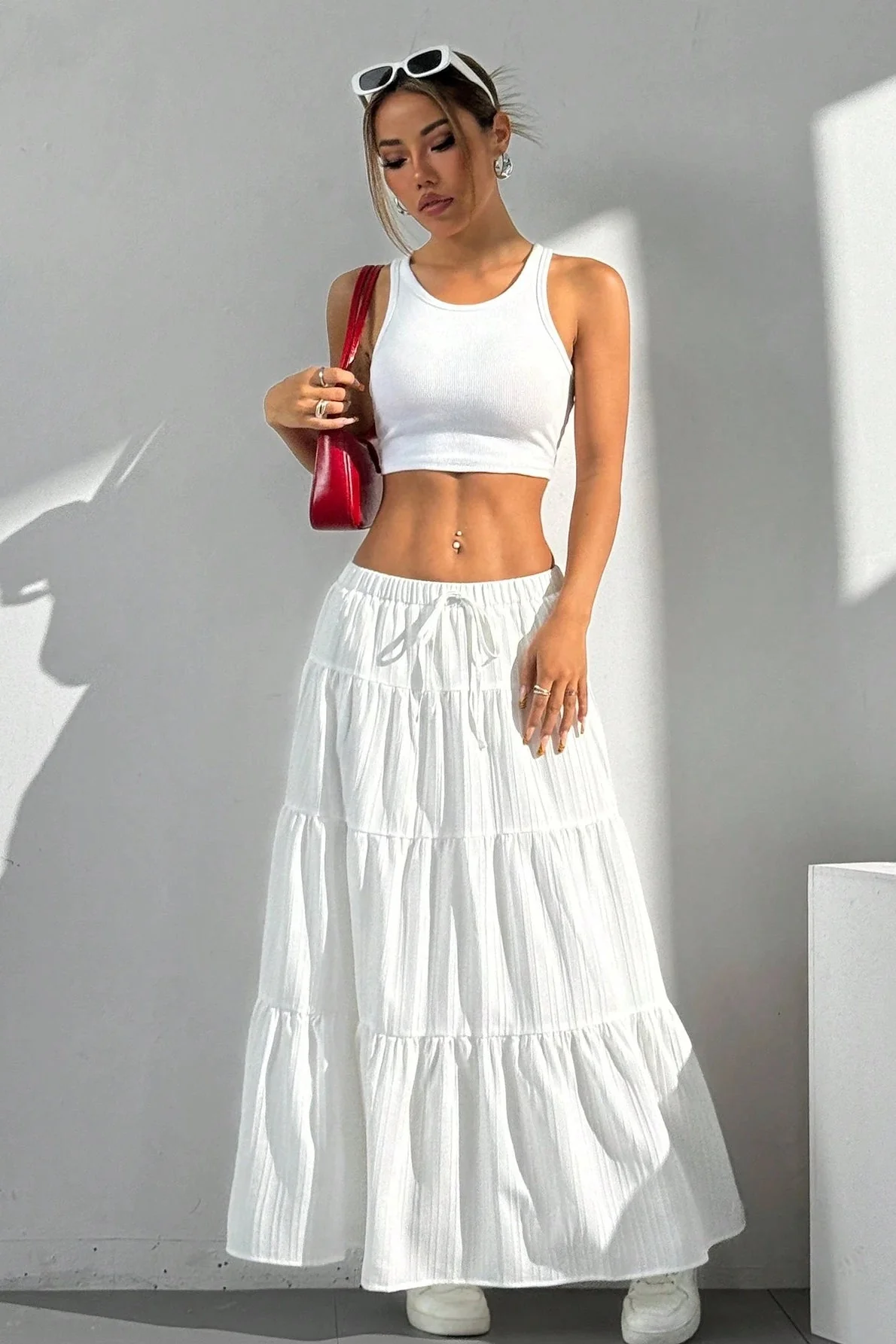 White Tie Waist A-Line Maxi Skirt - Image 3