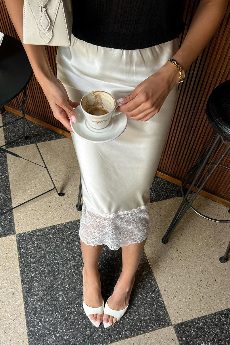 Satin Lace Trim Midi Skirt - Image 2