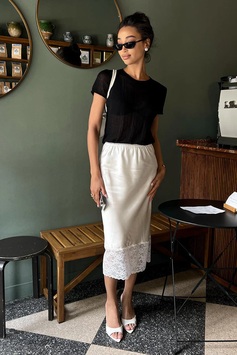 Satin Lace Trim Midi Skirt - Image 4