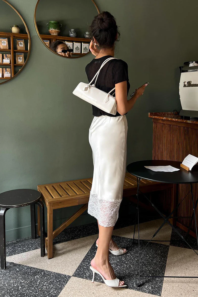 Satin Lace Trim Midi Skirt - Image 5