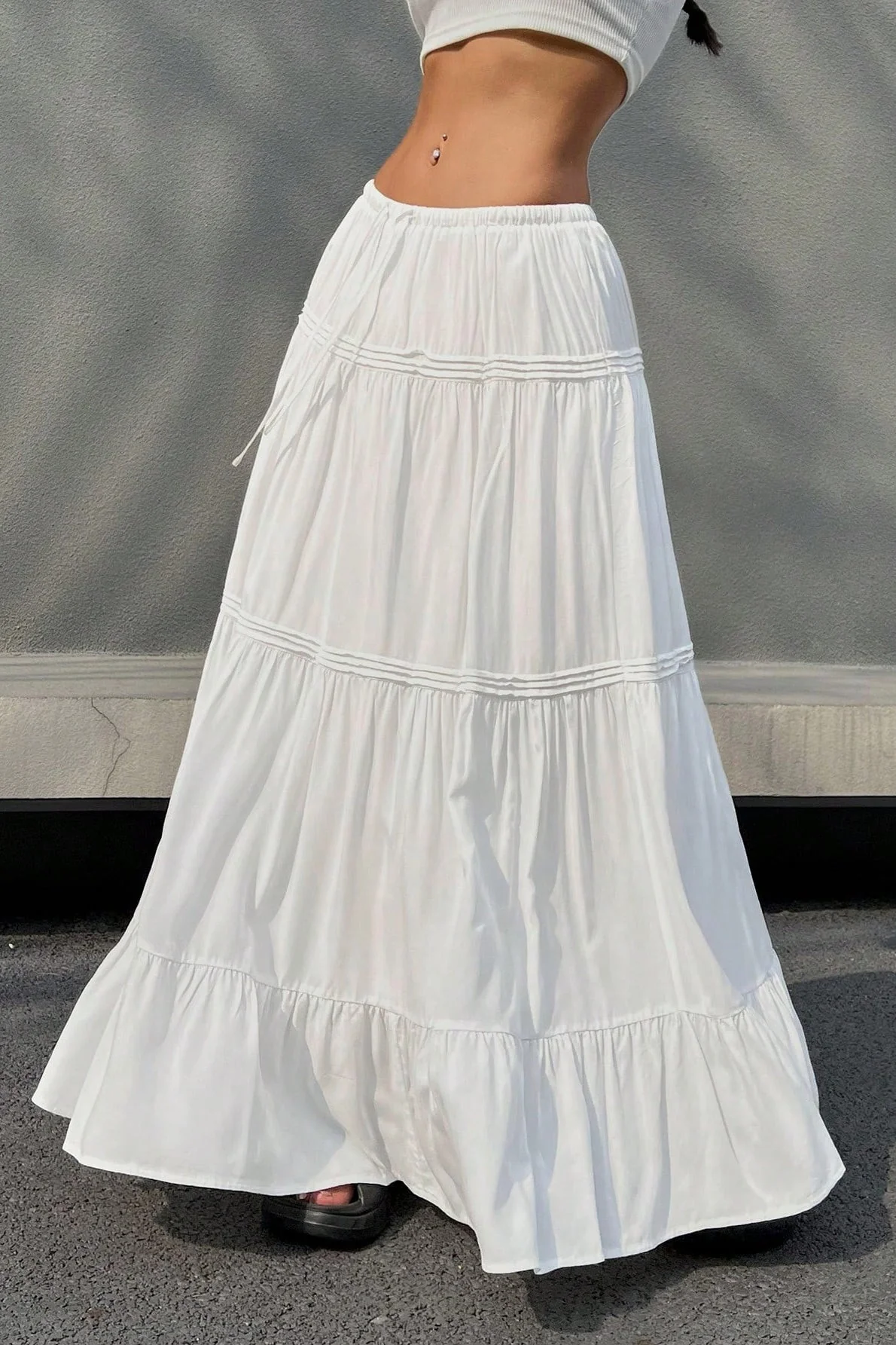 White Casual Tiered Midi Skirt - Image 2