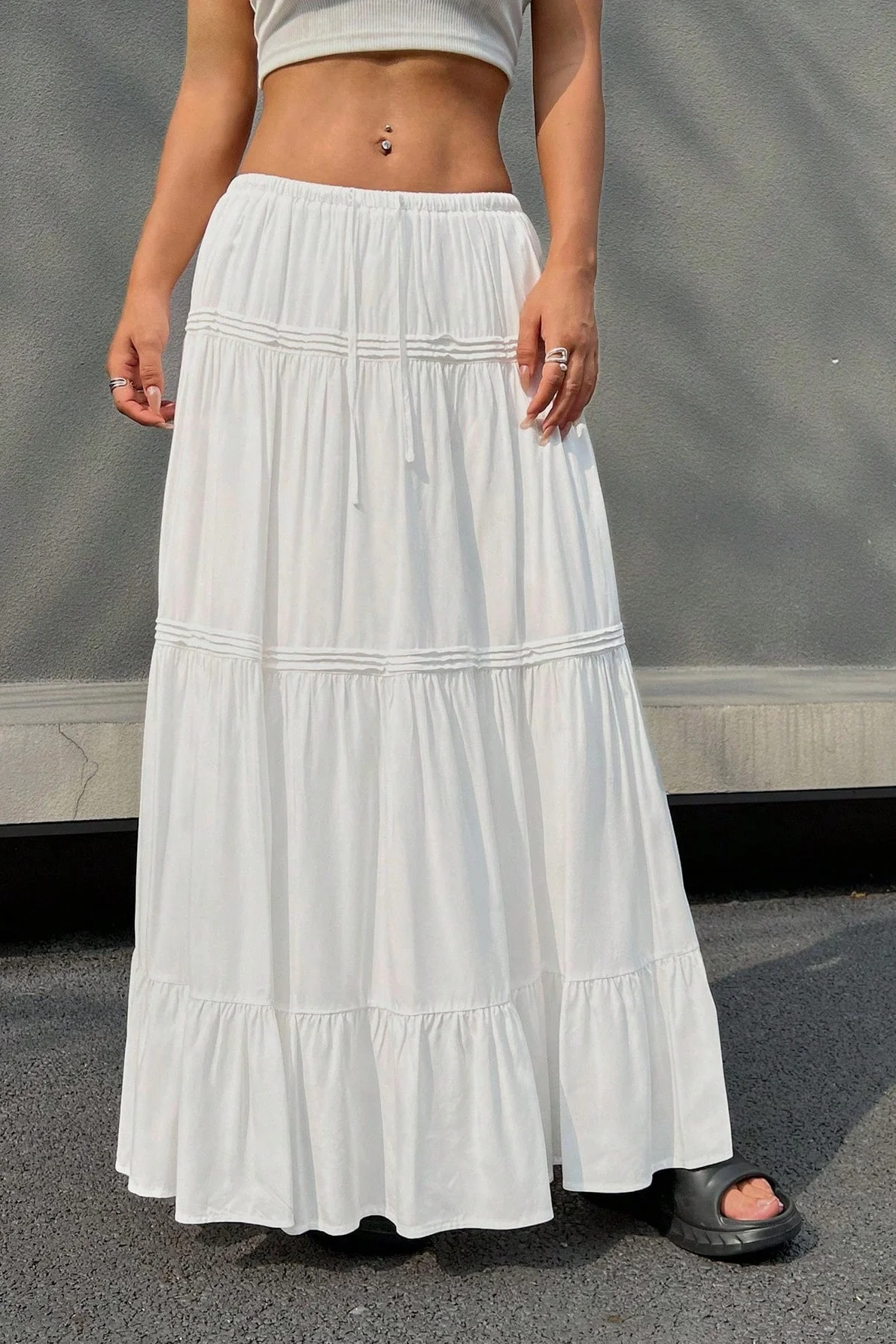 White Casual Tiered Midi Skirt - Image 3