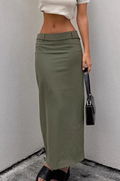 French Style Green High Waist Straight Midi Skirt - Image 2