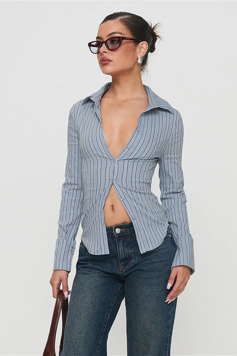Vintage Striped Colorblock Waist Cinched Blouse - Image 2