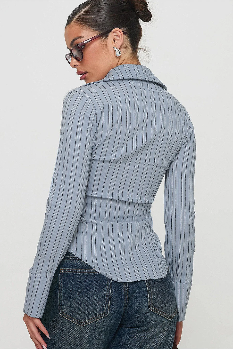 Vintage Striped Colorblock Waist Cinched Blouse - Image 3