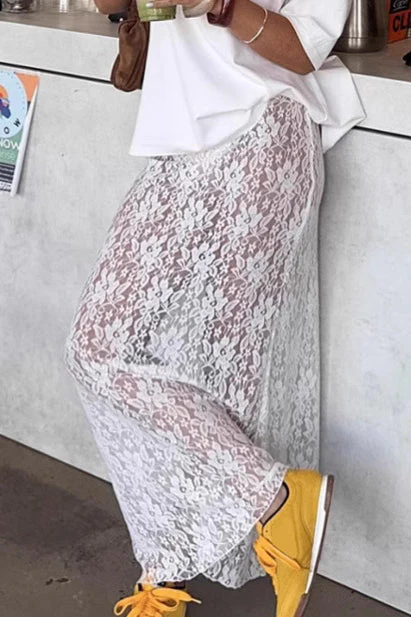 Elegant White Lace High Waist A-line Midi Skirt - Image 2
