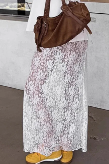 Elegant White Lace High Waist A-line Midi Skirt - Image 3