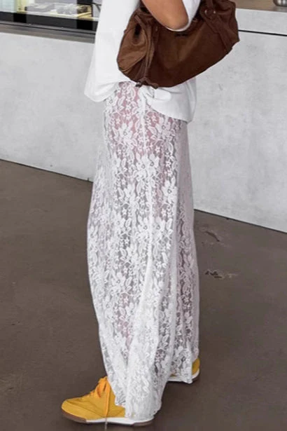 Elegant White Lace High Waist A-line Midi Skirt - Image 4
