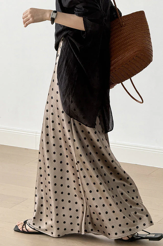 Vintage Polka Dot Satin High Waist A-line Midi Skirt - Image 2