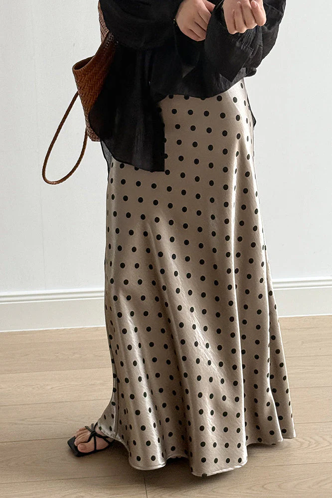 Vintage Polka Dot Satin High Waist A-line Midi Skirt - Image 3