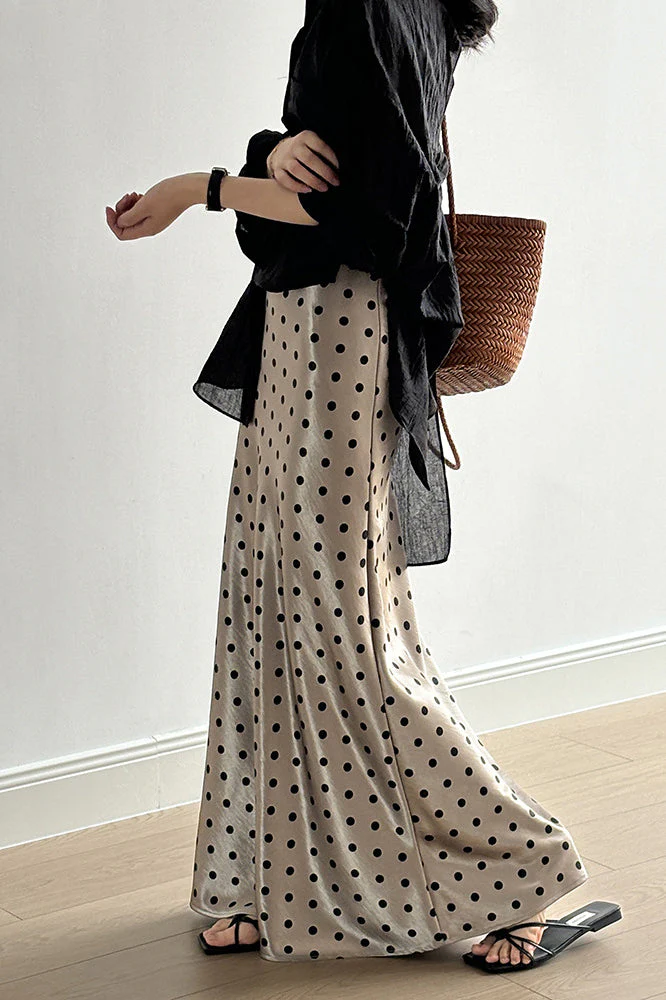 Vintage Polka Dot Satin High Waist A-line Midi Skirt - Image 4
