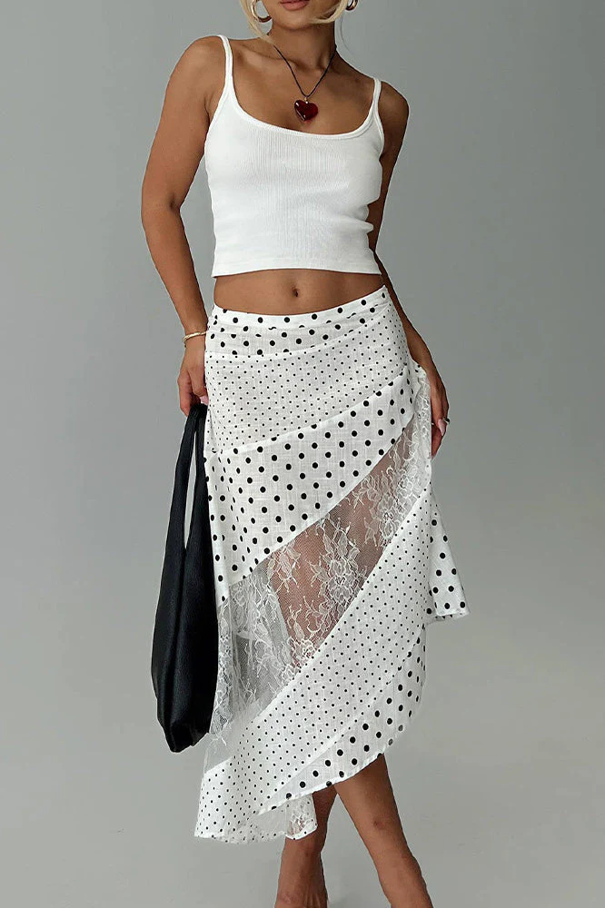 Polka Dot Lace Asymmetrical Midi Skirt
