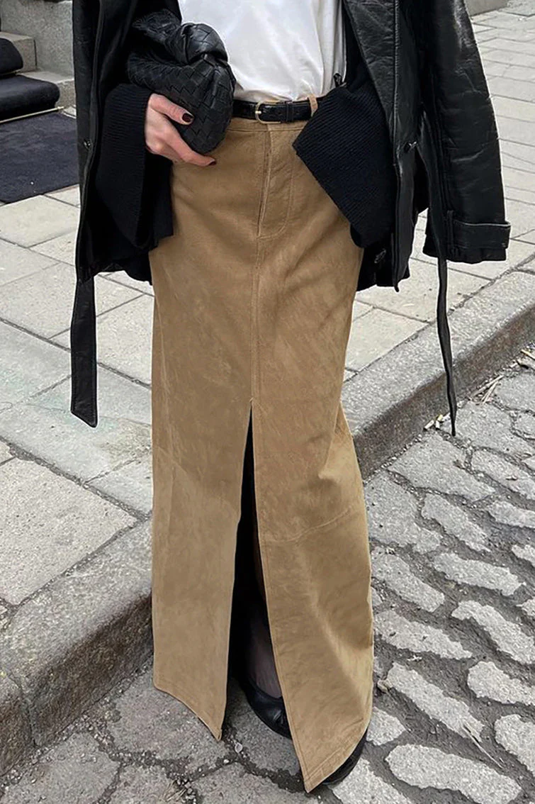 Vintage Suede Brown High Waist Split Midi Skirt - Image 2