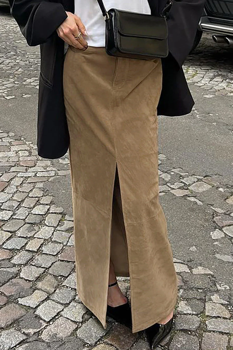 Vintage Suede Brown High Waist Split Midi Skirt - Image 3