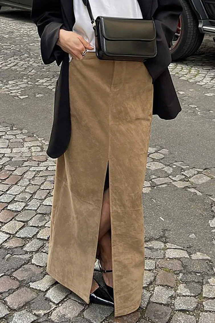 Vintage Suede Brown High Waist Split Midi Skirt - Image 4